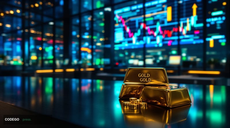 A cinematic editorial photograph showing the contrasting fortunes of Bitcoin and traditional assets, captured in a high-end f