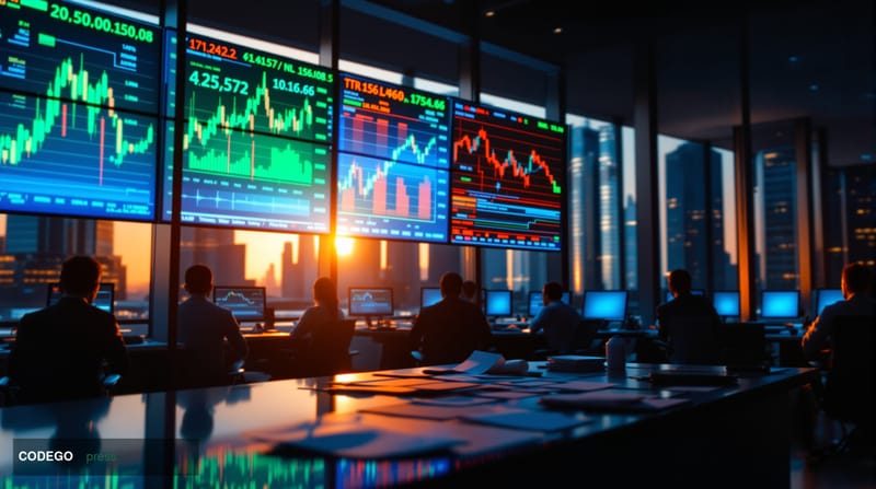 A dramatic cinematic shot of a modern cryptocurrency trading floor viewed through floor-to-ceiling windows, with multiple lar