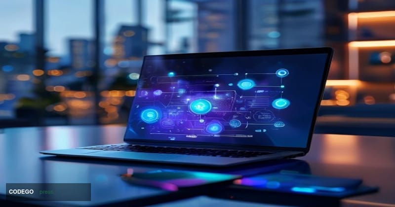 # Image Prompt:

A sleek modern workspace features a high-end laptop displaying an AI interface with glowing blue and purple 