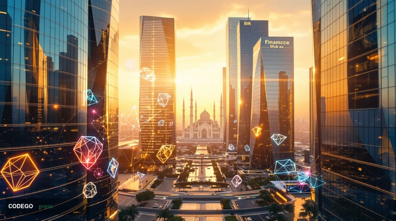 A photorealistic editorial photograph capturing the Abu Dhabi Global Market financial district at golden hour, with the iconi