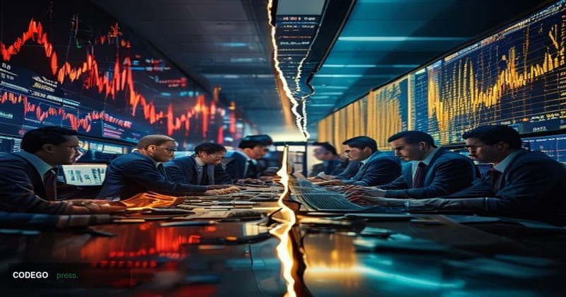A dramatic split-screen composition showing the contrast between traditional finance and digital assets. Left side: A panicke