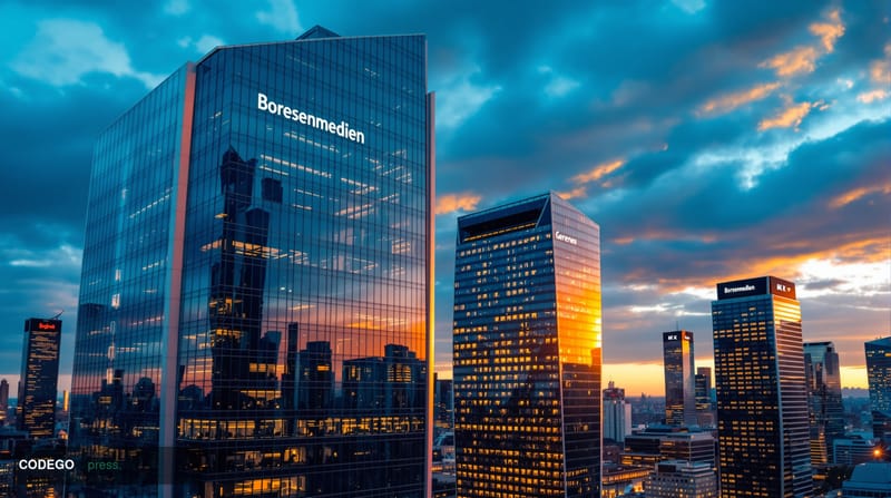 A cinematic editorial photograph showcasing the German financial district skyline at golden hour, with modern glass office to