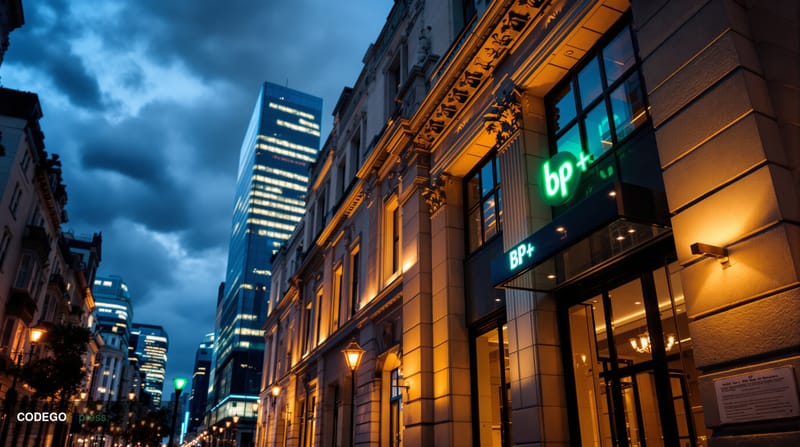 A dramatic photorealistic editorial photograph of BP's iconic headquarters at 1 St James's Square in London, captured from a 