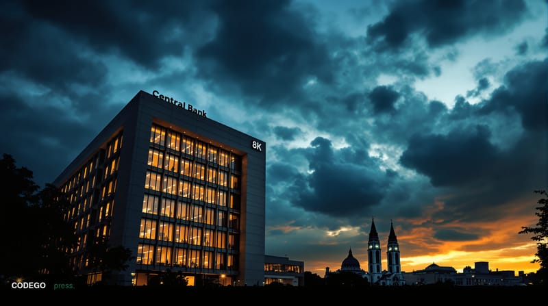 A dramatic photorealistic editorial photograph showing the imposing modernist facade of Brazil's Central Bank headquarters in