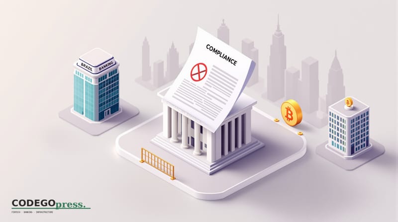 Flat 3D isometric vector editorial illustration showing a banking compliance document with red prohibition stamps overlaid on