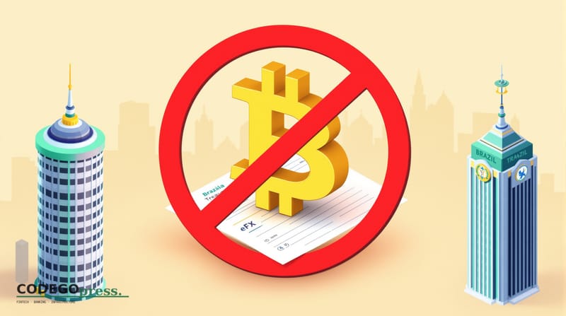 Large golden Bitcoin symbol in centre, overlaid with a red prohibition circle, eFX payment slip document visible underneath, 