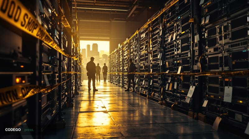 A dramatic photorealistic editorial photograph capturing the scale of Brazil's Bitcoin mining seizure operation. The scene sh