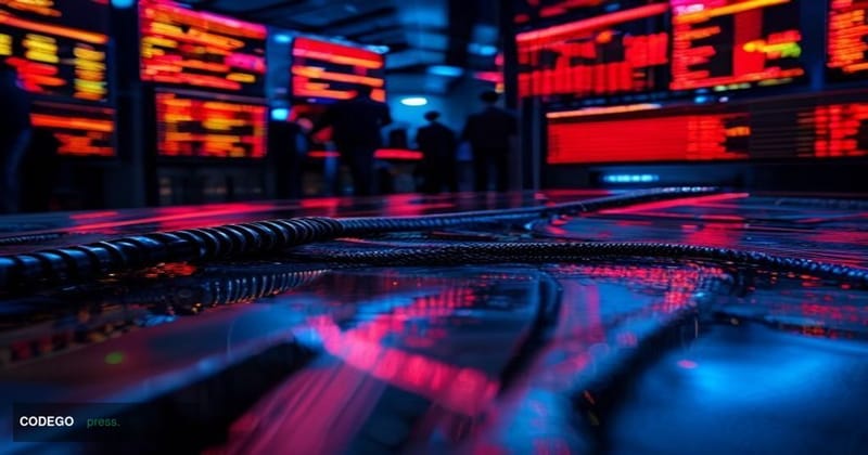 # Image Prompt: Bridge Exploit Cryptocurrency Security Breach

A dramatic overhead shot of a modern cryptocurrency exchange t