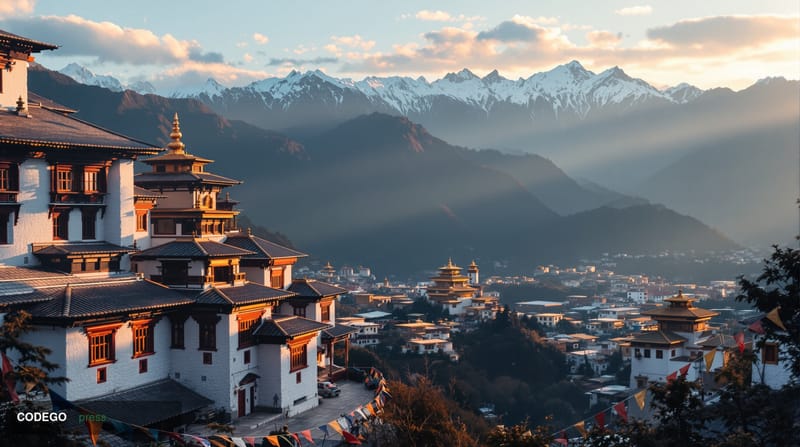 A photorealistic editorial photograph showcasing the mountainous landscape of Bhutan with traditional Bhutanese architecture 