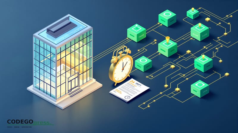 flat 3D isometric vector editorial illustration showing a transfer agent office building (modern glass structure) on the left