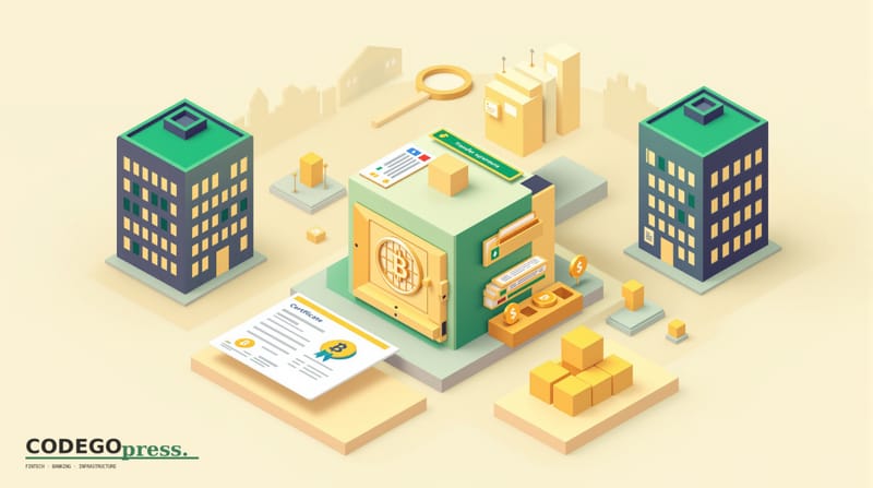 Flat 3D isometric vector editorial illustration in banking-green (#1A6B43) with cream background, gold and navy accents. Cent