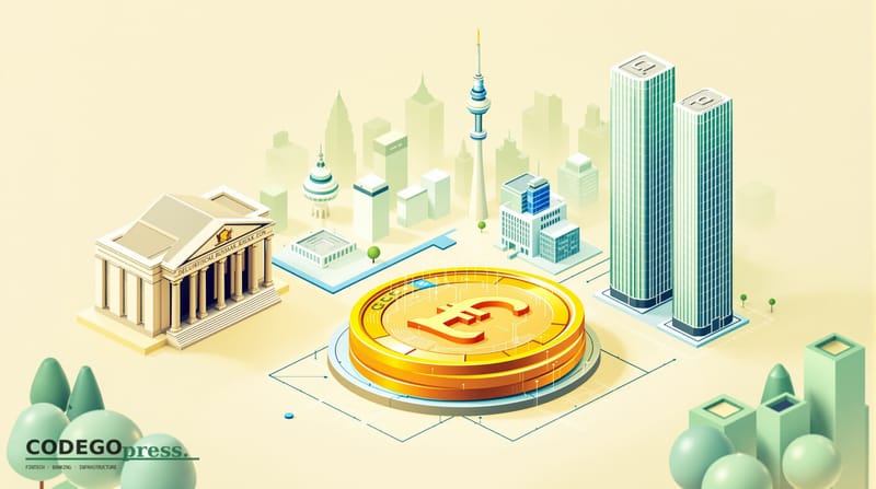 Golden euro banknote in centre overlaid with a subtle digital blockchain thread, Deutsche Bundesbank's neoclassical Frankfurt