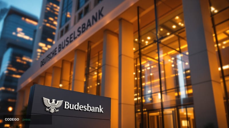 A photorealistic editorial photograph showing the imposing neoclassical facade of the Deutsche Bundesbank headquarters in Fra