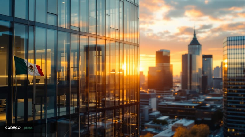 A cinematic editorial photograph showing the modern Amsterdam skyline at golden hour with bunq's distinctive headquarters bui