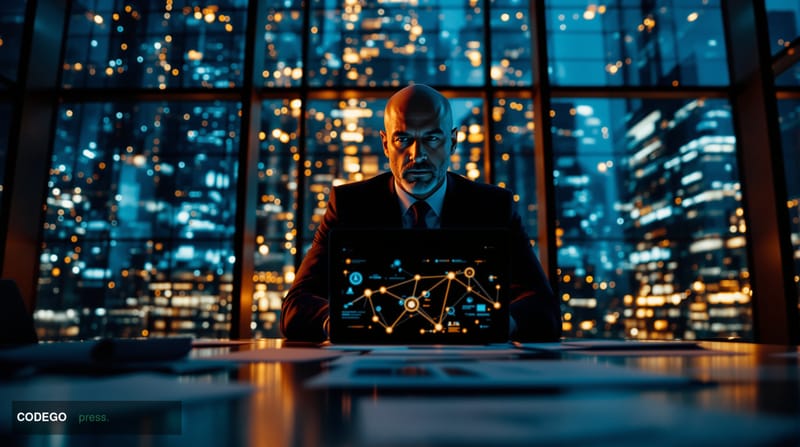 A cinematic editorial photograph capturing Vitalik Buterin in a sophisticated conference room setting, shot from a low angle 