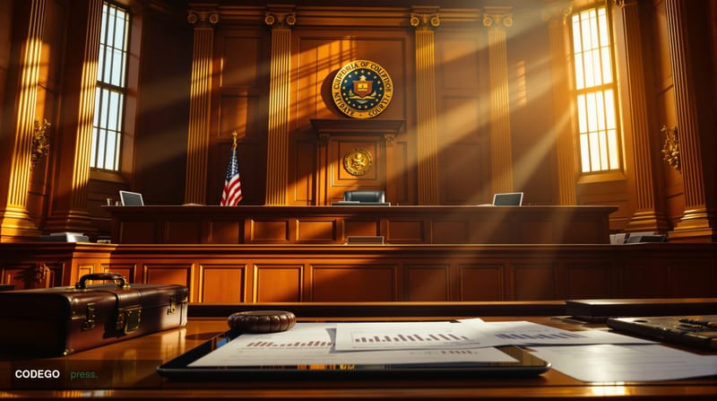 A dramatic courtroom scene captured from the perspective of the gallery, focusing on the imposing wooden judge's bench with t