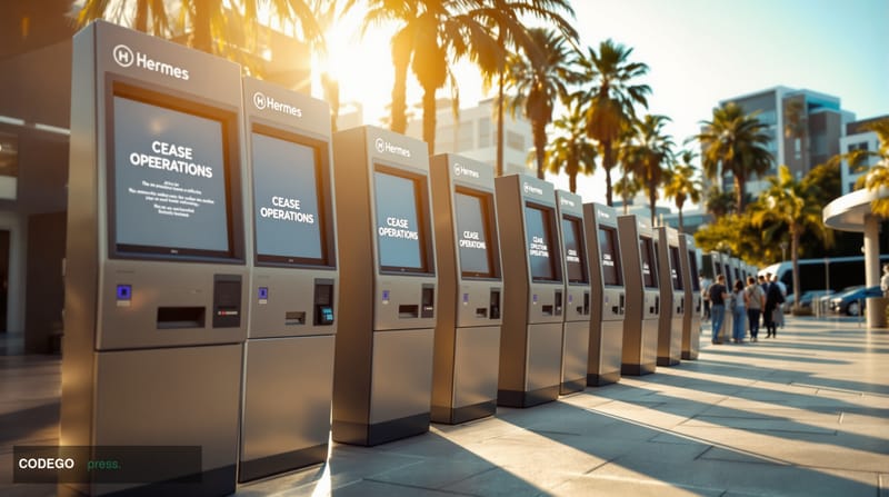 A dramatic editorial photograph showing a row of shut-down Bitcoin ATMs with official regulatory closure notices posted on th