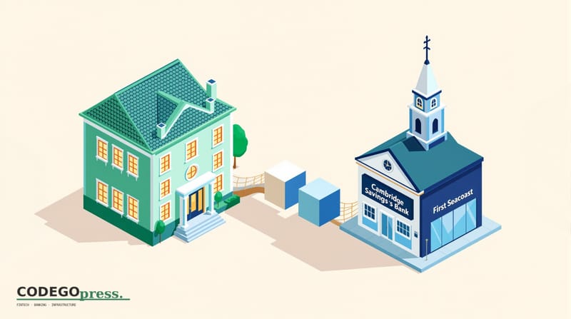 Flat 3D isometric vector editorial illustration showing a banking-green primary color (#1A6B43). Composition: left side depic
