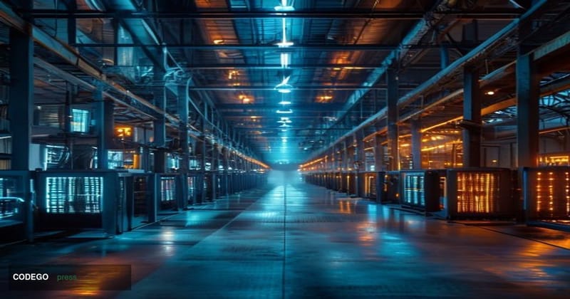 A dramatic photorealistic editorial photograph of a massive Bitcoin mining facility interior, showing endless rows of ASIC mi