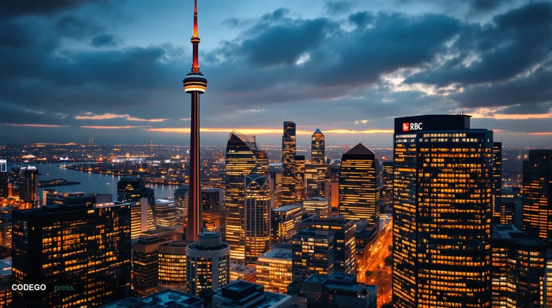 A dramatic photorealistic aerial view of Toronto's financial district at dusk, with the iconic CN Tower and major bank towers