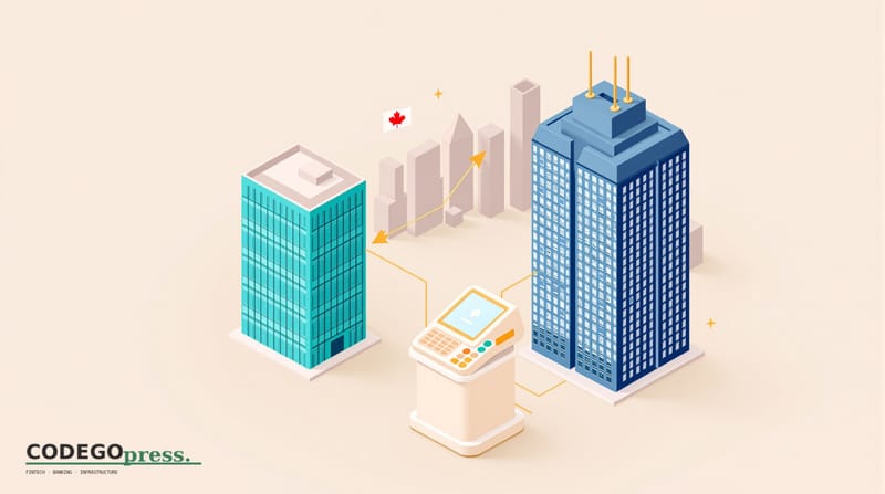 flat 3D isometric vector editorial illustration showing a payment processing terminal in the foreground (cream-colored POS de