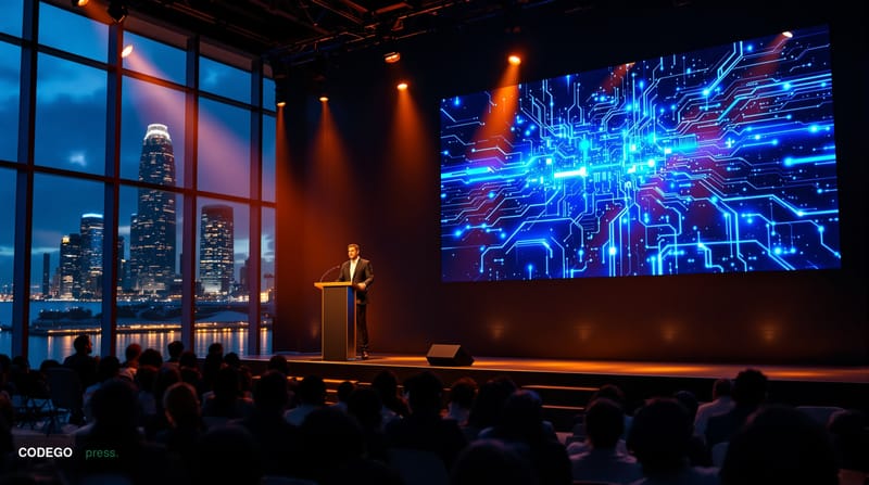 A photorealistic editorial photograph capturing the intersection of quantum computing and blockchain technology. The scene sh