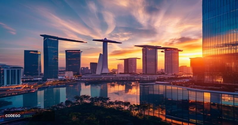 A cinematic editorial photograph capturing the Singapore financial district skyline at golden hour, with the iconic Marina Ba