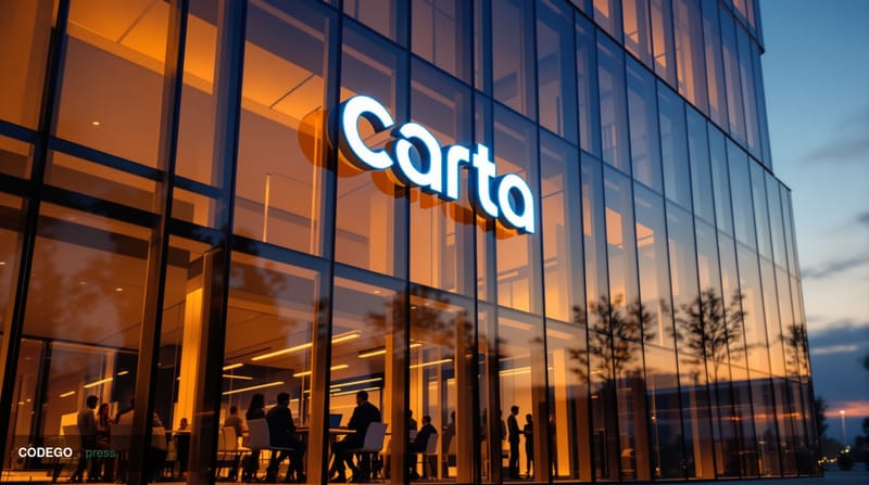 A dramatic low-angle view of Carta's modern corporate headquarters building in Palo Alto, California, with the "Carta" logo p