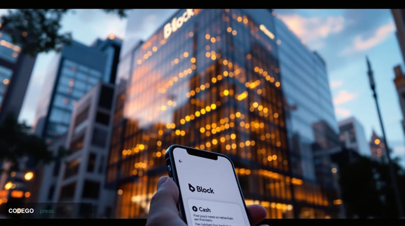 A photorealistic editorial photograph showcasing Block's San Francisco headquarters building exterior, shot from a low angle 