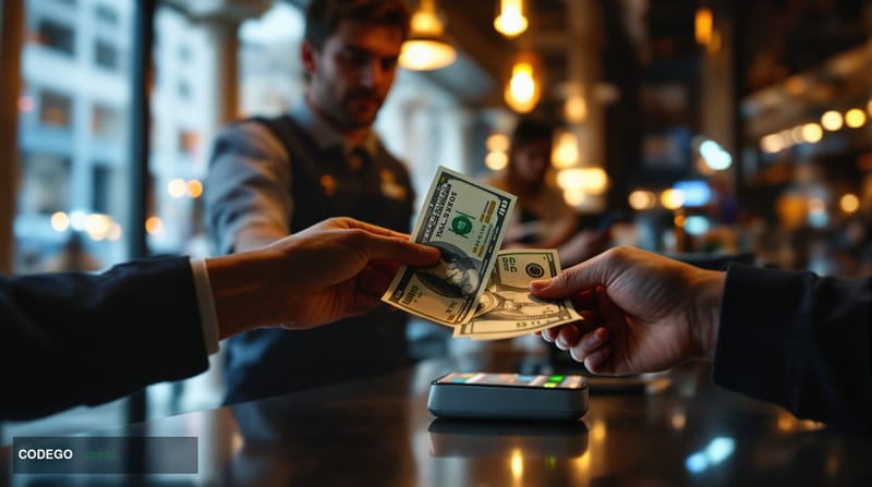 A cinematic editorial photograph capturing the intersection of traditional and digital payments in modern America. The scene 
