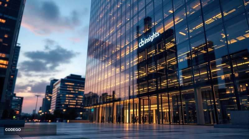 A photorealistic editorial photograph capturing the CB Insights headquarters or office environment, with modern glass archite