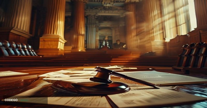 A dramatic courtroom scene captured from a low angle, showing empty wooden benches and the judge's elevated bench in warm amb
