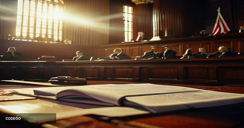 A dramatic courtroom scene captured from a low angle showing the imposing mahogany judge's bench and witness stand, with hars
