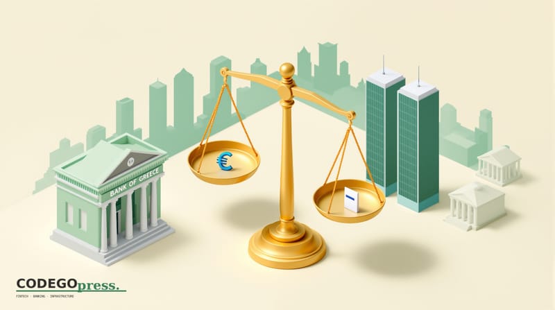 Large golden balance scale in centre with euro symbol on one side and voting ballot on the other, Bank of Greece neoclassical