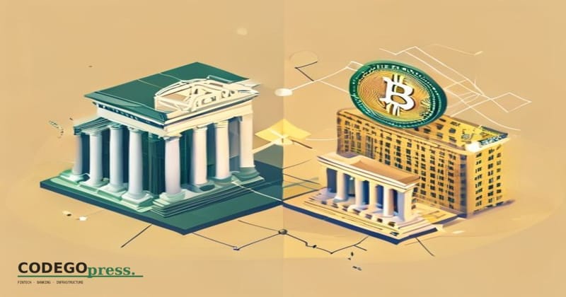 Flat 3D isometric vector editorial illustration showing a split-screen composition: left side depicts a traditional central b