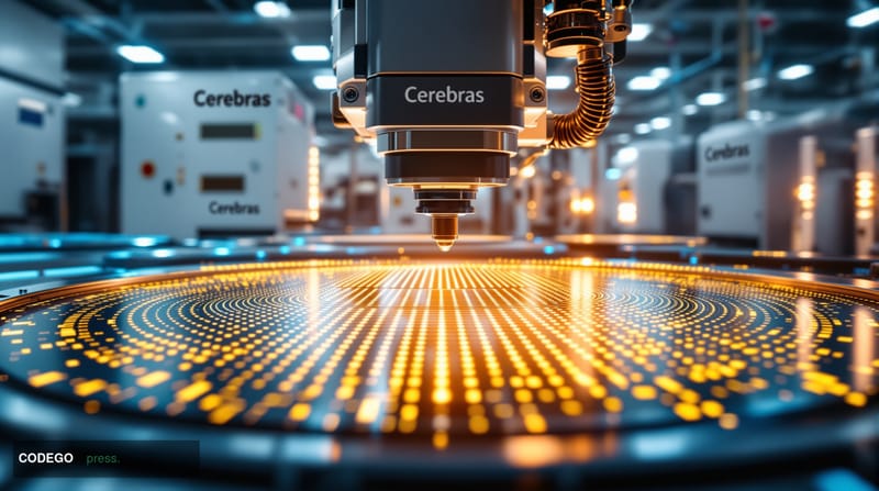A cinematic editorial photograph of a massive silicon wafer facility showcasing cutting-edge semiconductor manufacturing. The
