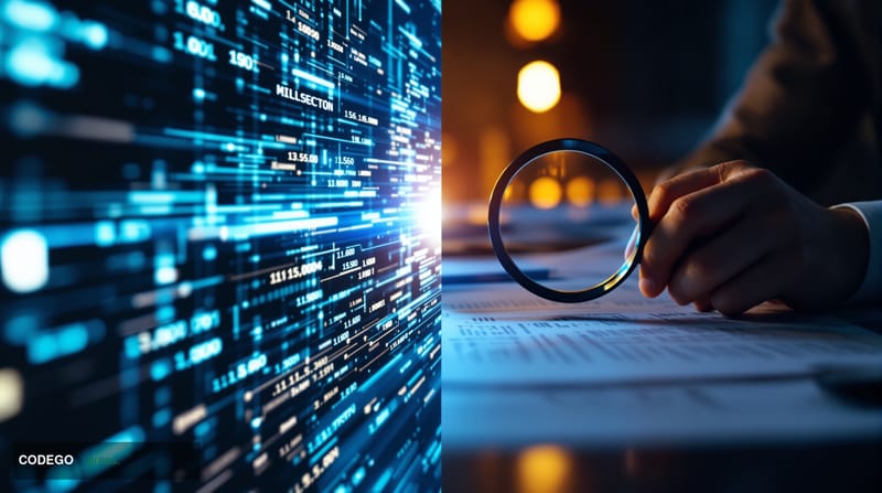 # Image Prompt:

A split-screen composition showing a high-speed digital transaction interface on the left side with glowing 