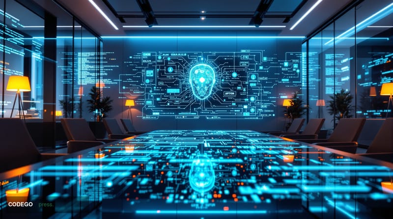 A photorealistic 8K editorial photograph showcasing the intersection of artificial intelligence and blockchain technology in 