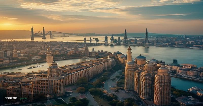 A sweeping aerial view of the iconic Hilton Istanbul hotel complex set against the stunning Bosphorus strait and Istanbul's d