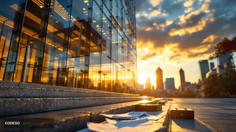 A cinematic editorial photograph of the Consumer Financial Protection Bureau headquarters building in Washington D.C., captur