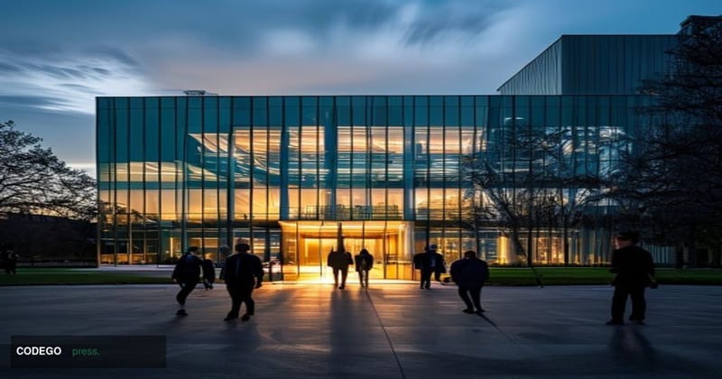 A cinematic editorial photograph of the Consumer Financial Protection Bureau's new smaller headquarters building in Washingto