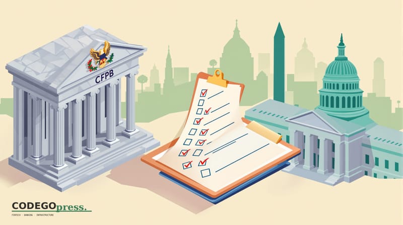 A clipboard with 13 checkboxes in a column (not filled), printed in navy ink, centre-foreground; CFPB marble-columned buildin