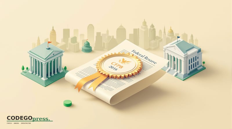 Large embossed regulatory document with golden ribbon seal in centre, CFPB marble-pillar headquarters on the left, Federal Re