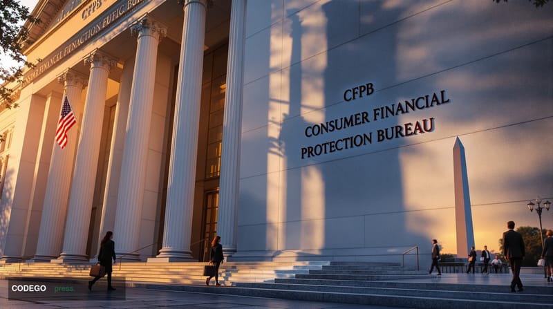 A striking photorealistic editorial photograph capturing the exterior of a federal government building in Washington D.C. at 