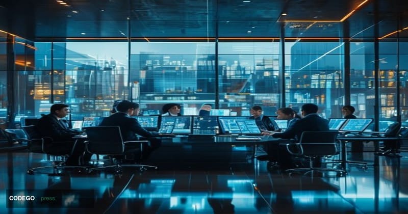 # Image Prompt:

A modern glass-walled trading floor bathed in cool blue-tinted natural light streaming through floor-to-ceil