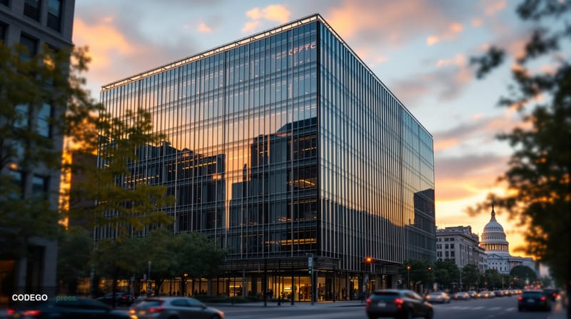 A cinematic editorial photograph of the modern glass and steel headquarters of the Commodity Futures Trading Commission (CFTC