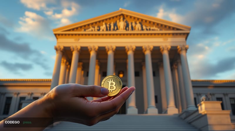 A photorealistic editorial photograph showing the imposing neoclassical facade of the Commodity Futures Trading Commission he