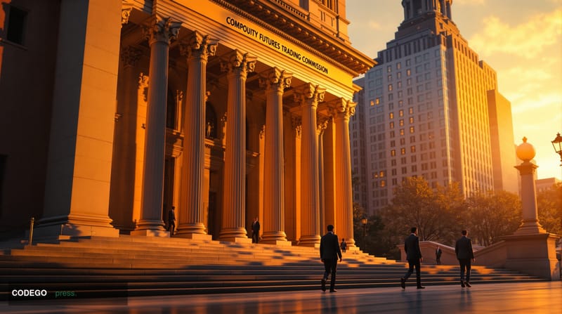 A dramatic photorealistic editorial photograph showing the imposing neoclassical facade of the Commodity Futures Trading Comm