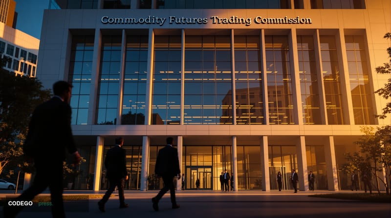 A photorealistic editorial news photograph showing the imposing facade of the Commodity Futures Trading Commission headquarte