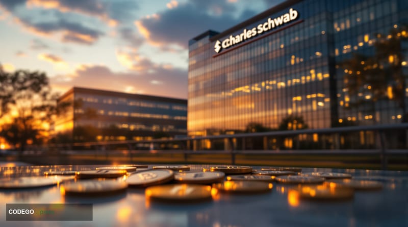 A cinematic editorial photograph showcasing the Charles Schwab corporate headquarters in Westlake, Texas, captured during gol